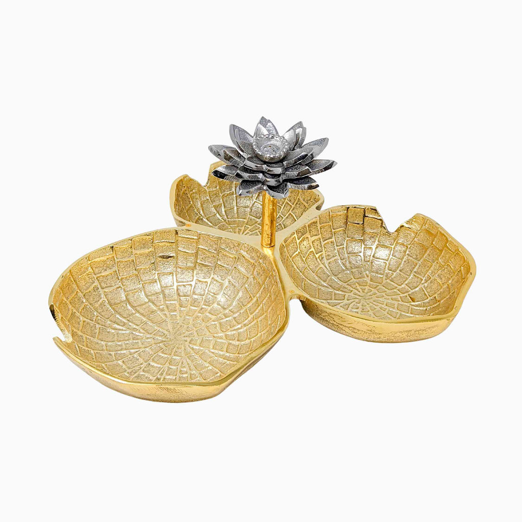 GOLD ROUND TRIPLE SERVING DISH WITH SILVER FLOWER