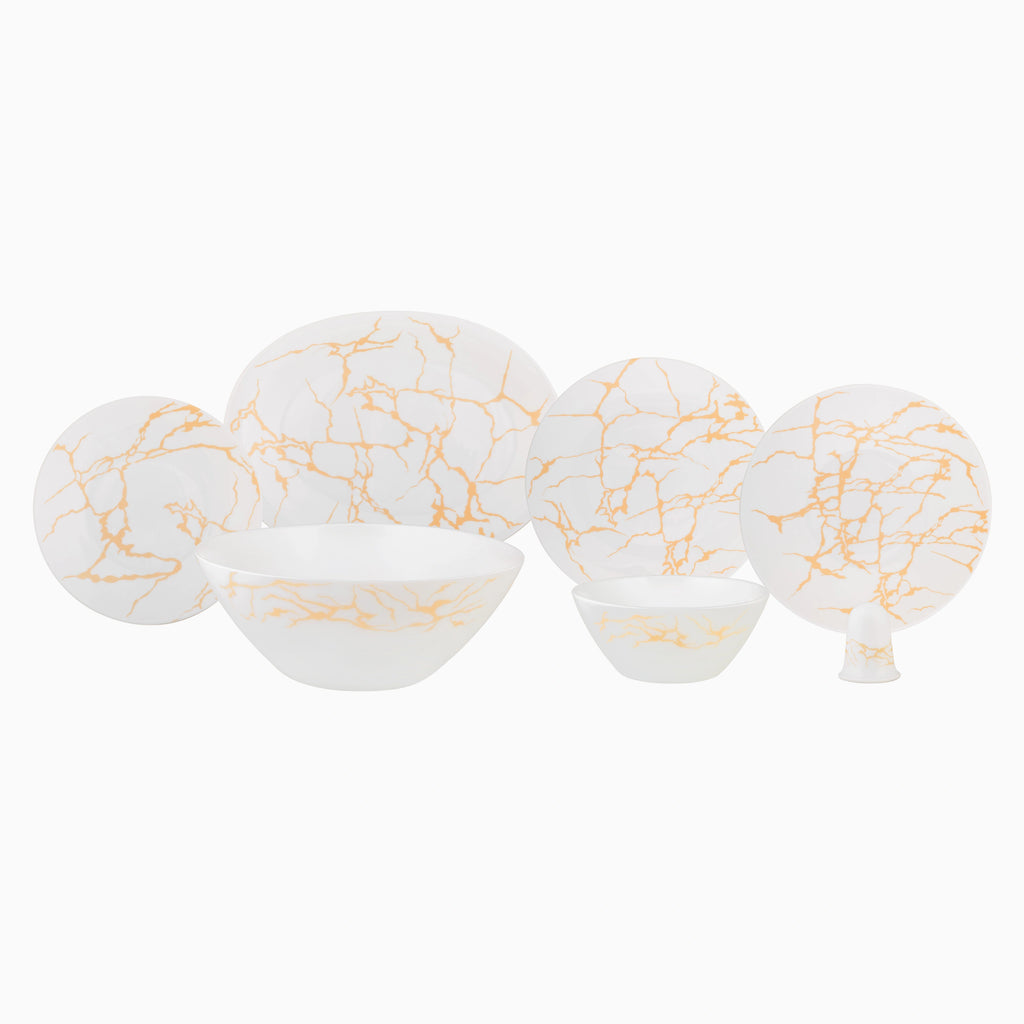 Opal dinnerware set featuring a white base with elegant orange lines design, including plates, bowls, and a shaker. Noble Home Gifts