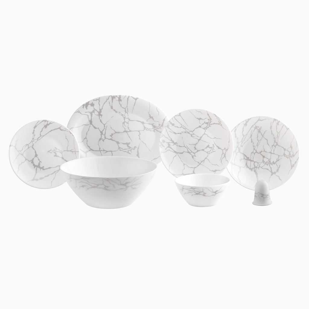 Opal dinnerware set featuring a white base with elegant grey lines design, including plates, bowls, and a salt shaker. Noble Home Gifts