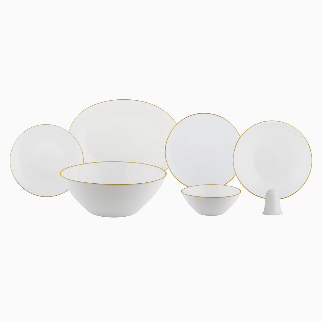 White opal dinnerware set with elegant golden rims, including plates, bowls, and a salt shaker, arranged on a white background. Noble Home Gifts