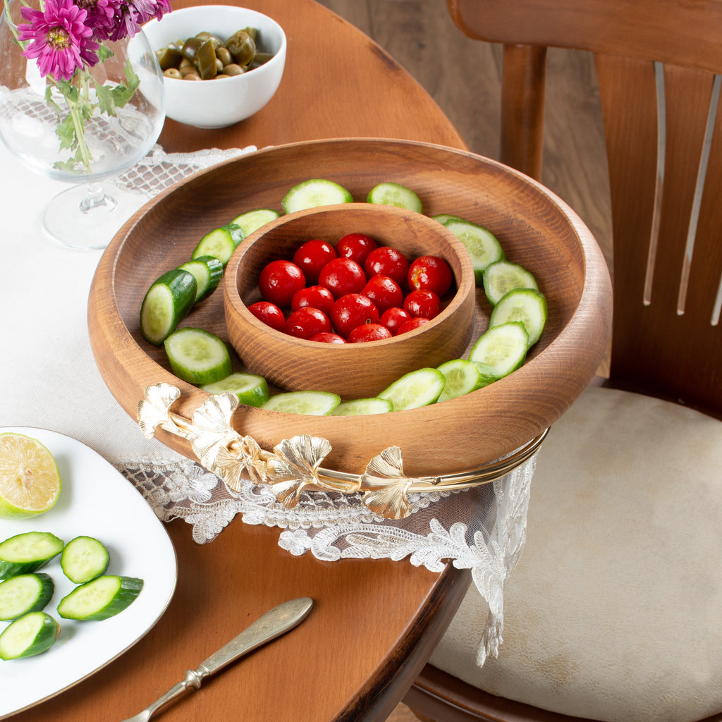 TWO SECTION WOODEN SNACK BOWL WITH GOLD BUTTERFLY. NOBLE HOME GIFTS