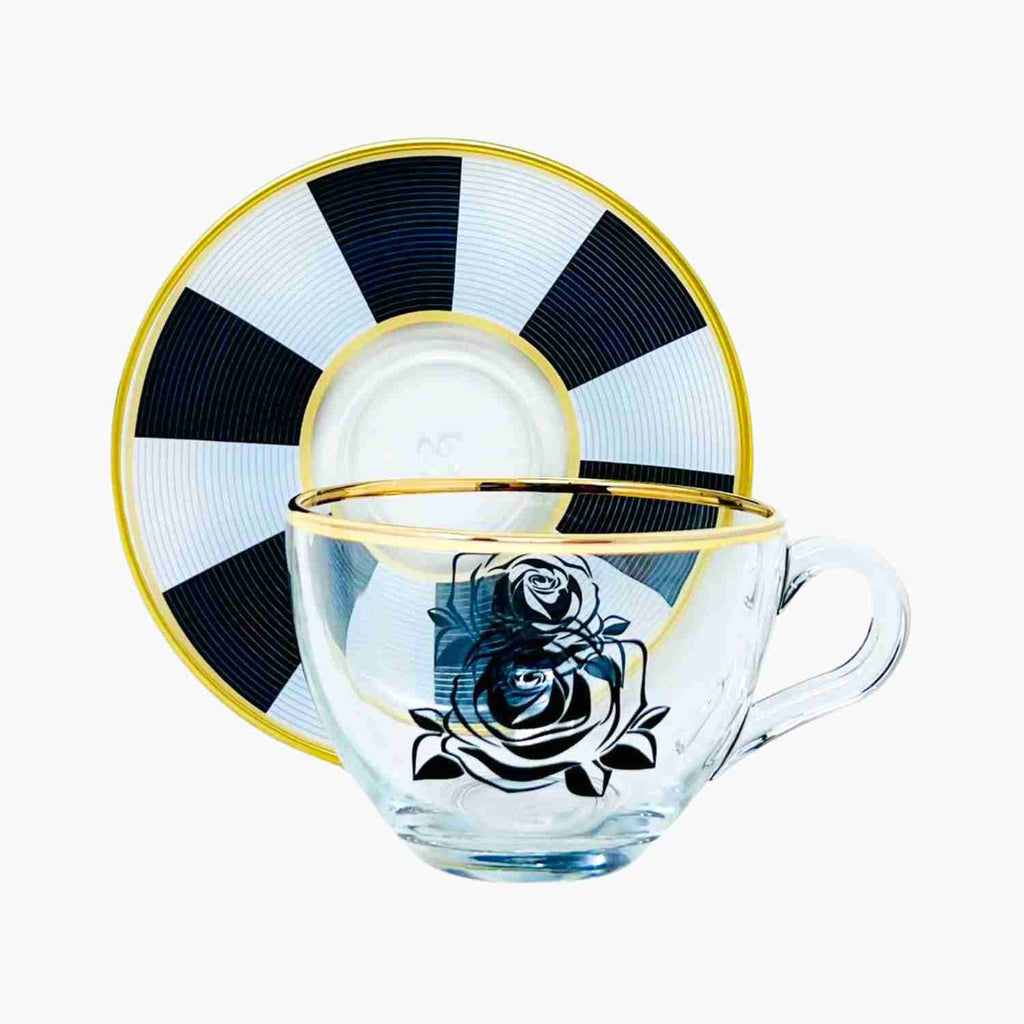 6 PERSON GOLD RIMMED FLORAL TEA CUP WITH BLACK AND WHIRE SAUCER