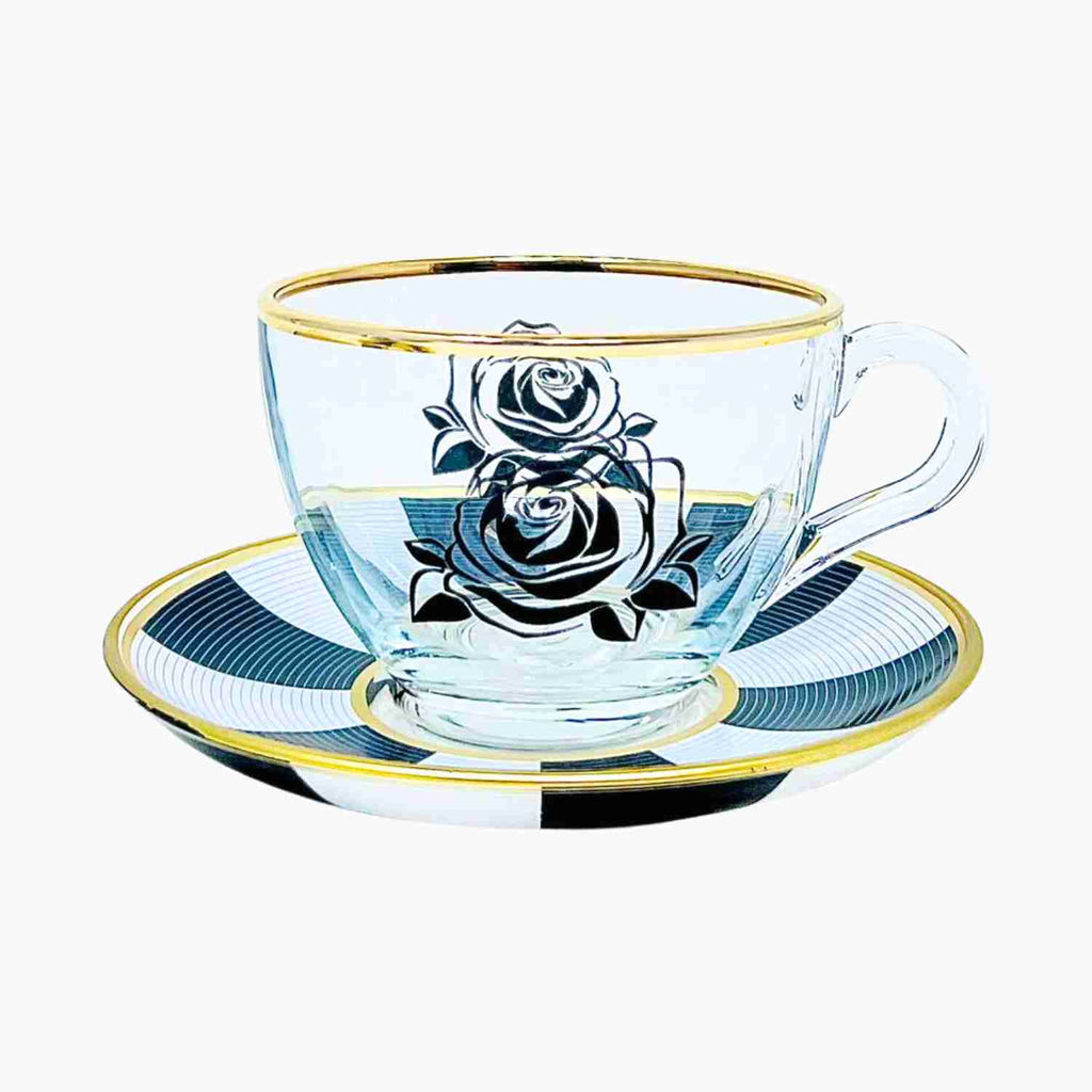 6 PERSON GOLD RIMMED FLORAL TEA CUP WITH BLACK AND WHIRE SAUCER