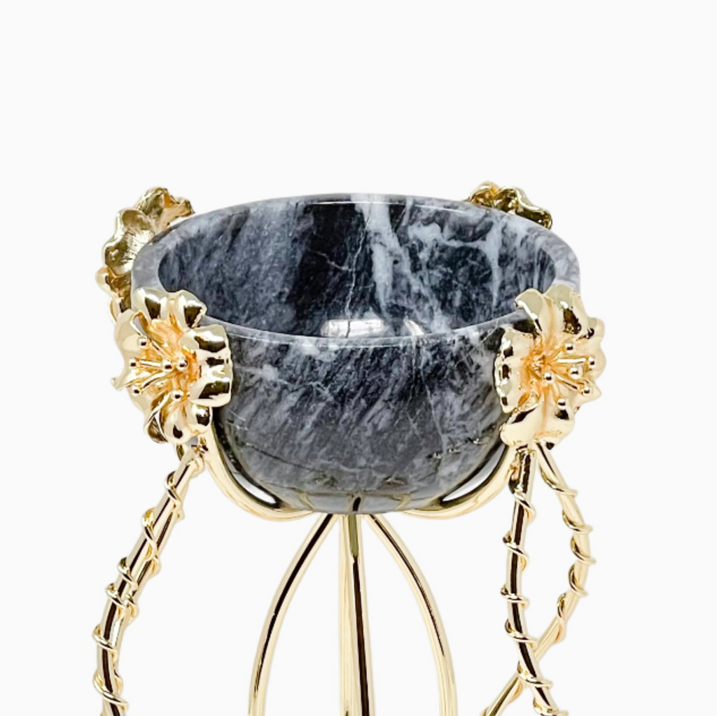 BLACK MARBLE SNACK BOWL ON GOLDEN TONE SPIRAL STAND - Noble Home Gifts 