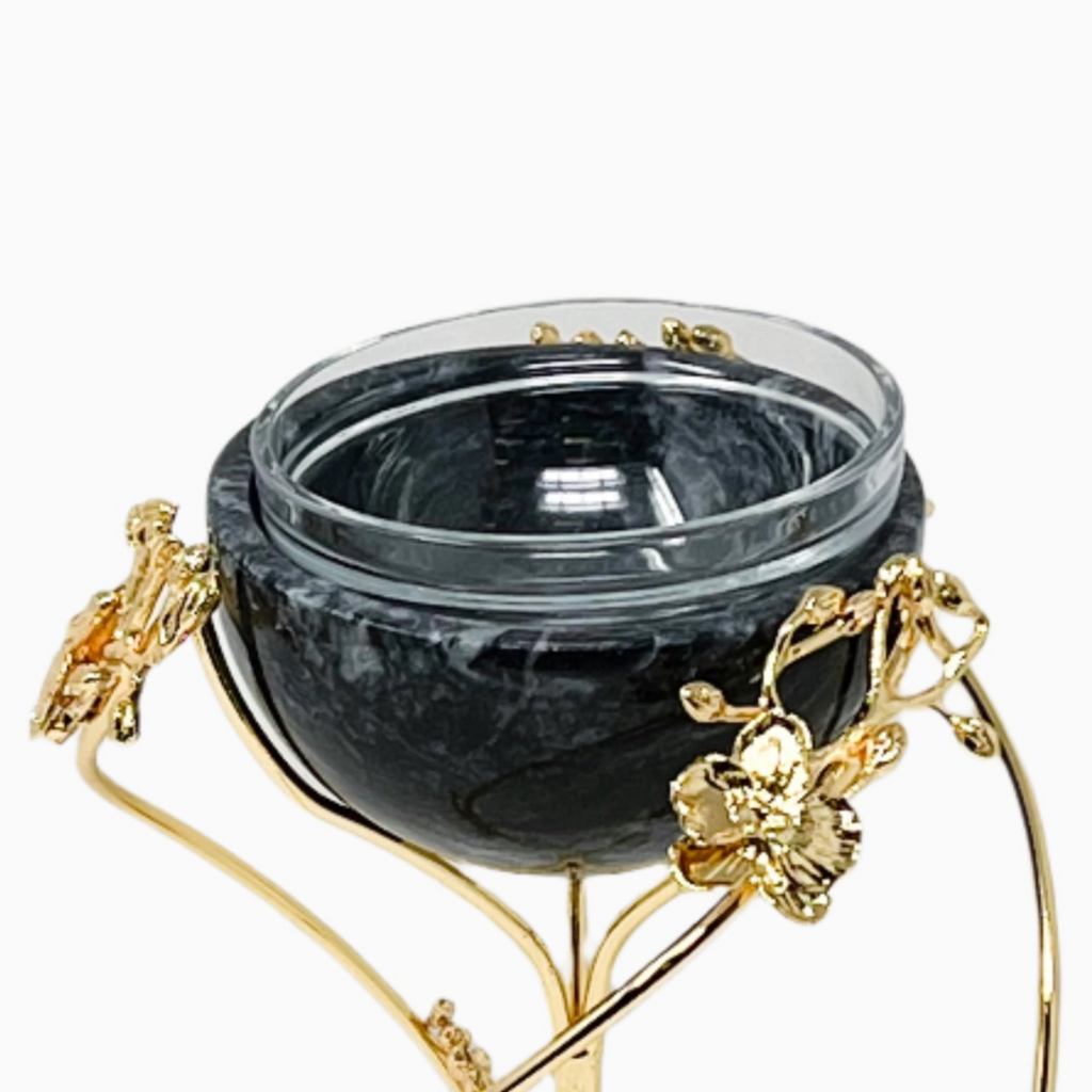 BLACK MARBLE SNACK BOWL ON GOLD ORCHID FLOWER STAND - Noble Home Gifts 