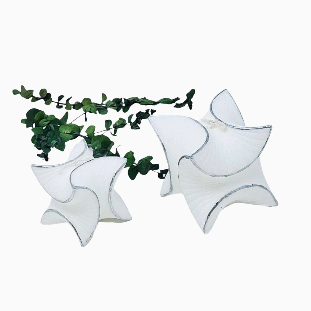 Two white star-shaped CANDLE with green leaves on a white background