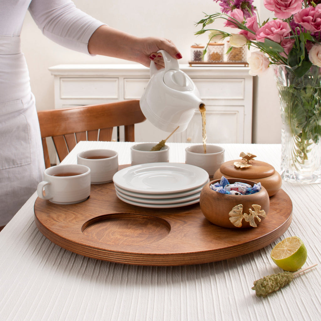 FOUR PERSON PORCELAIN TEA SET ON WOODEN TRAY WITH GOLD BUTTERFLY HANDLES