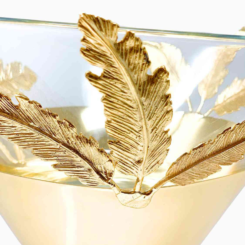 GLASS BOWL ON GOLDEN TONE FOOT STAND FROM LEAF COLLECTION