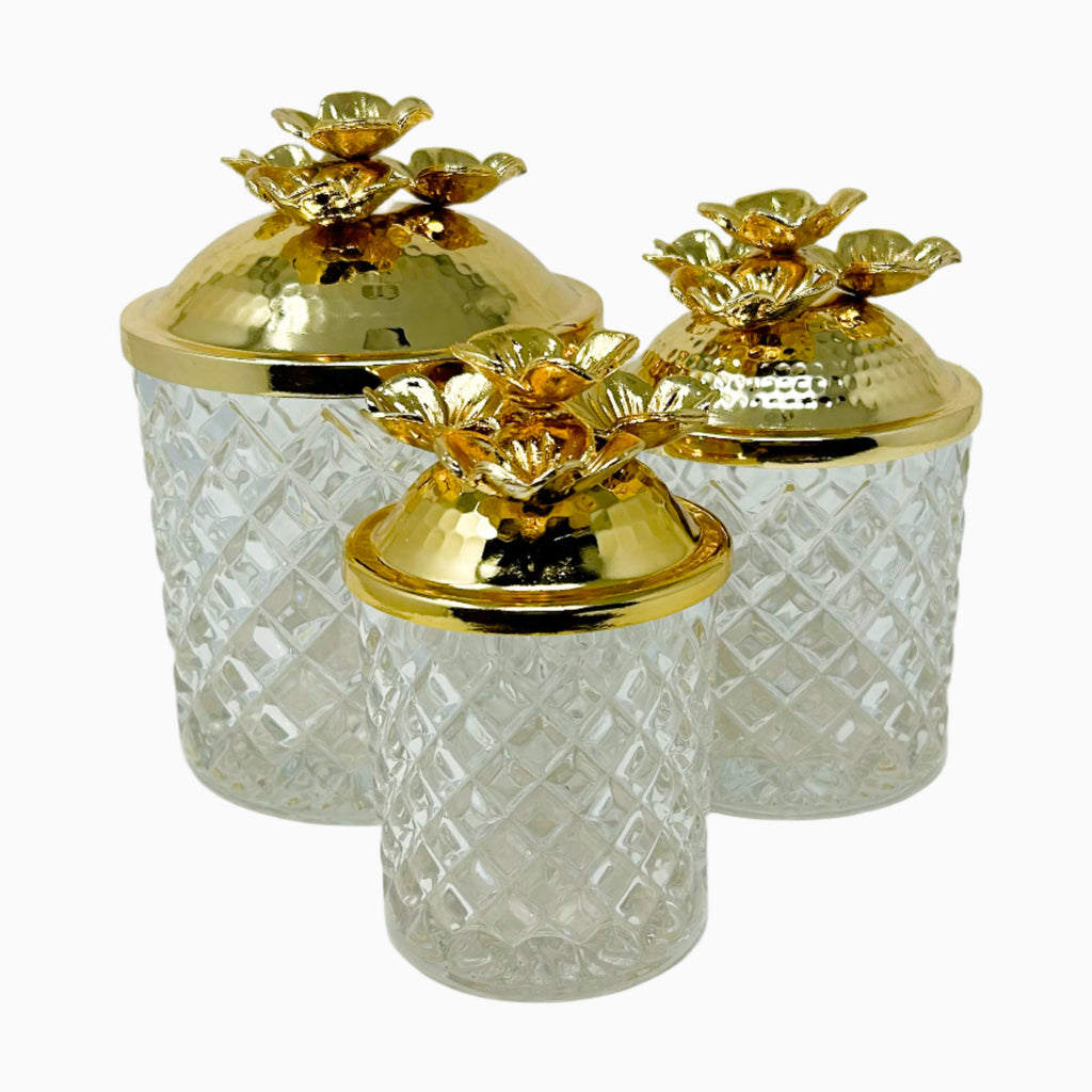 GLASS JAR WITH GOLDEN TONE LID, FLOWER COLLECTION