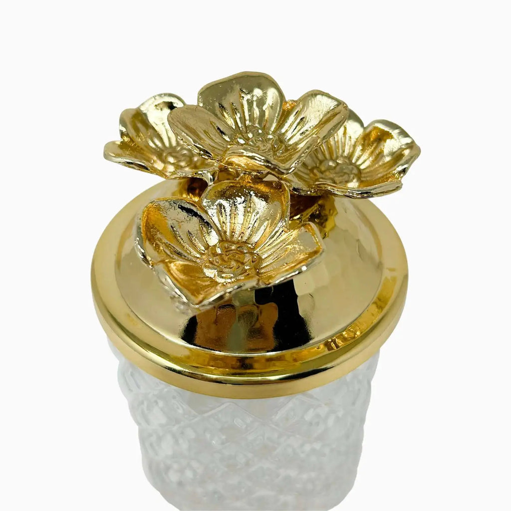 GLASS JAR WITH GOLDEN TONE LID, FLOWER COLLECTION