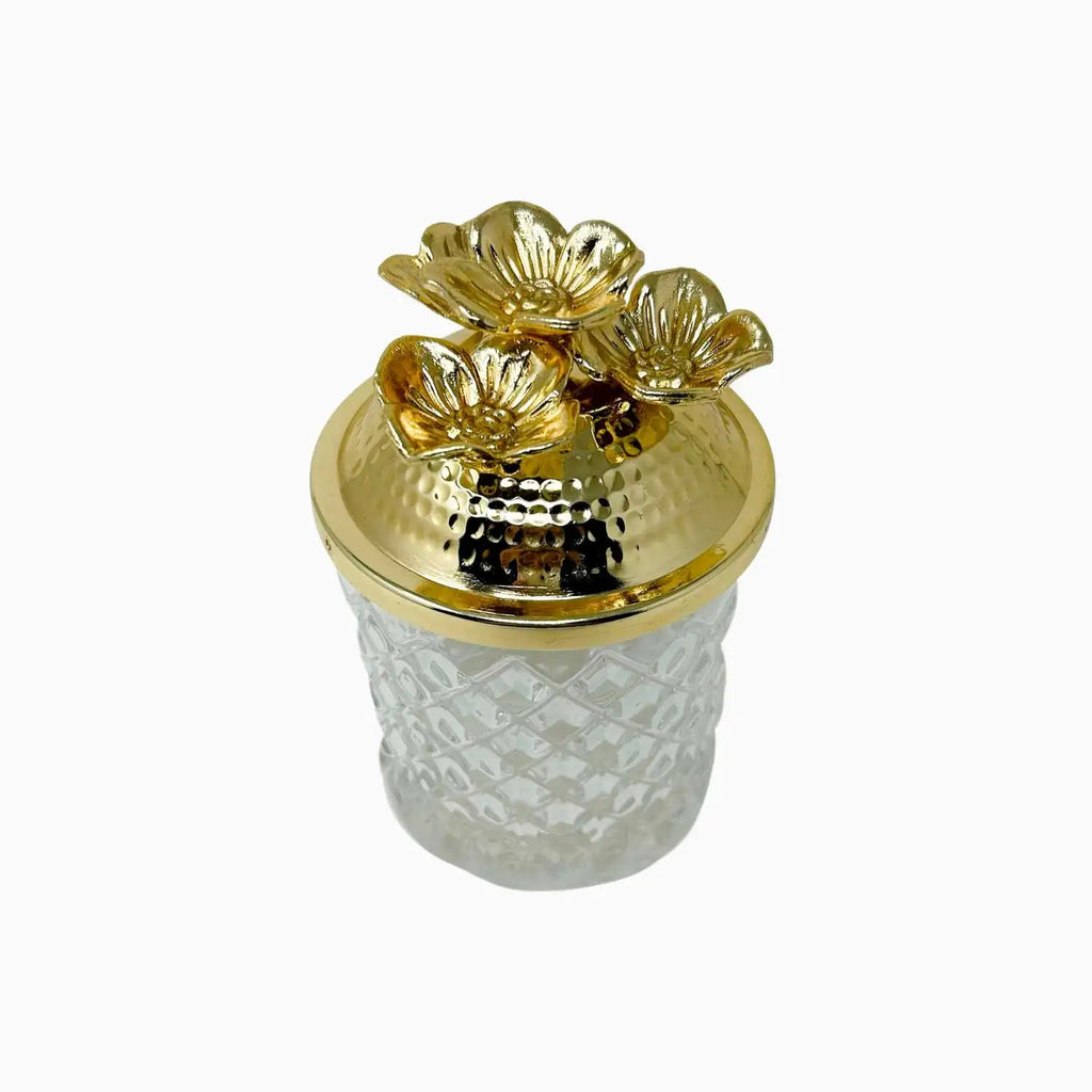 GLASS JAR WITH GOLDEN TONE LID, FLOWER COLLECTION