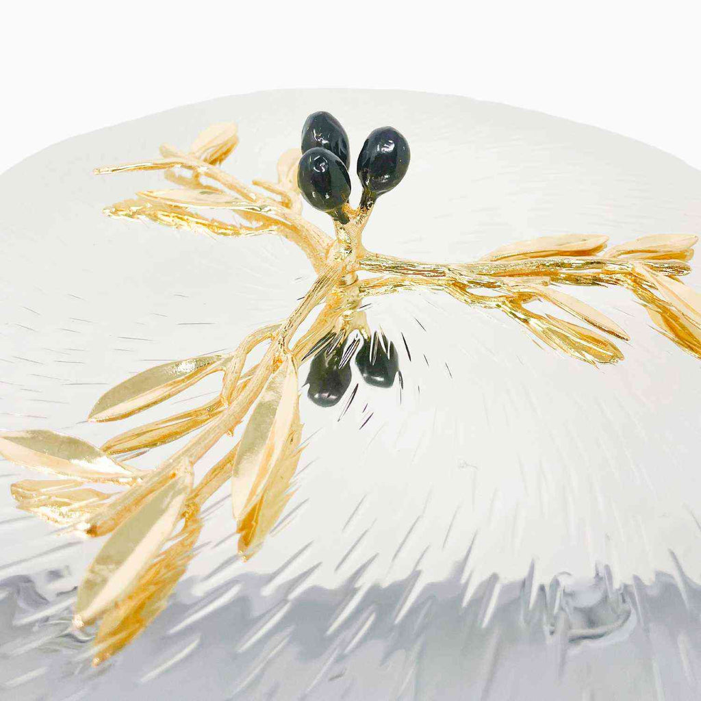 GLASS SERVING BOWL ON FOOT WITH SILVER TONE LID
