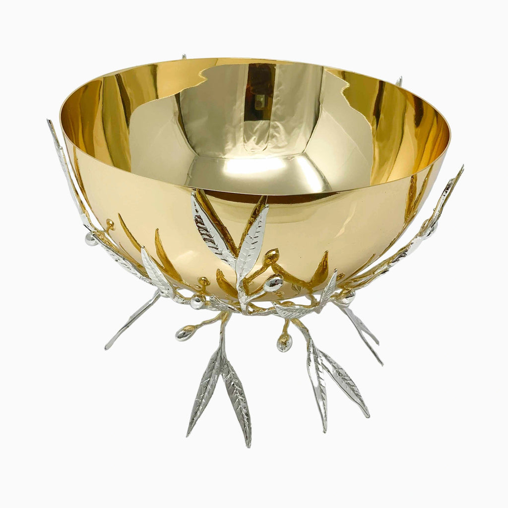 GOLDEN SERVING BOWL ON OLIVE LEAF STAND