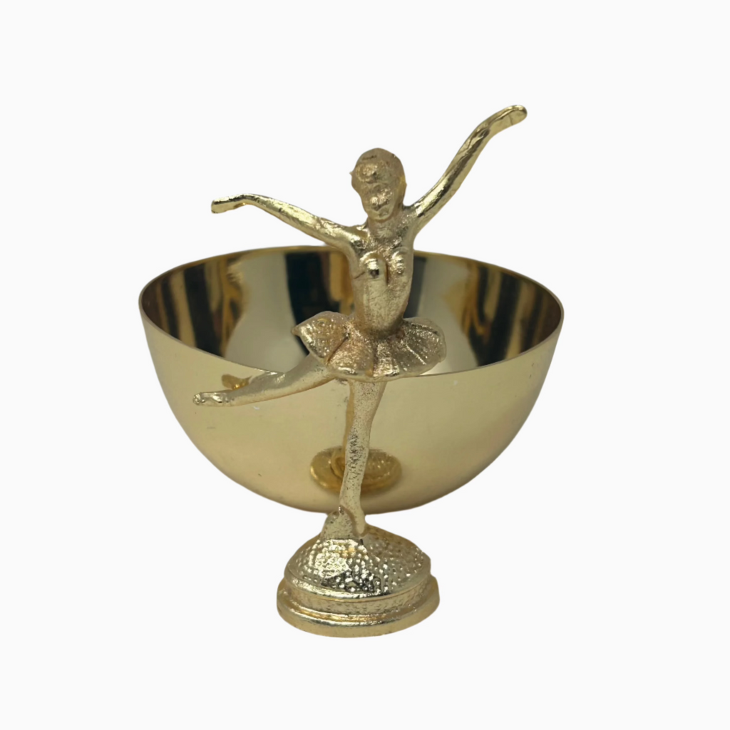 GOLDEN TONE CANDY BOWL ON BALLERINA STAND. NOBLE HOME GIFTS