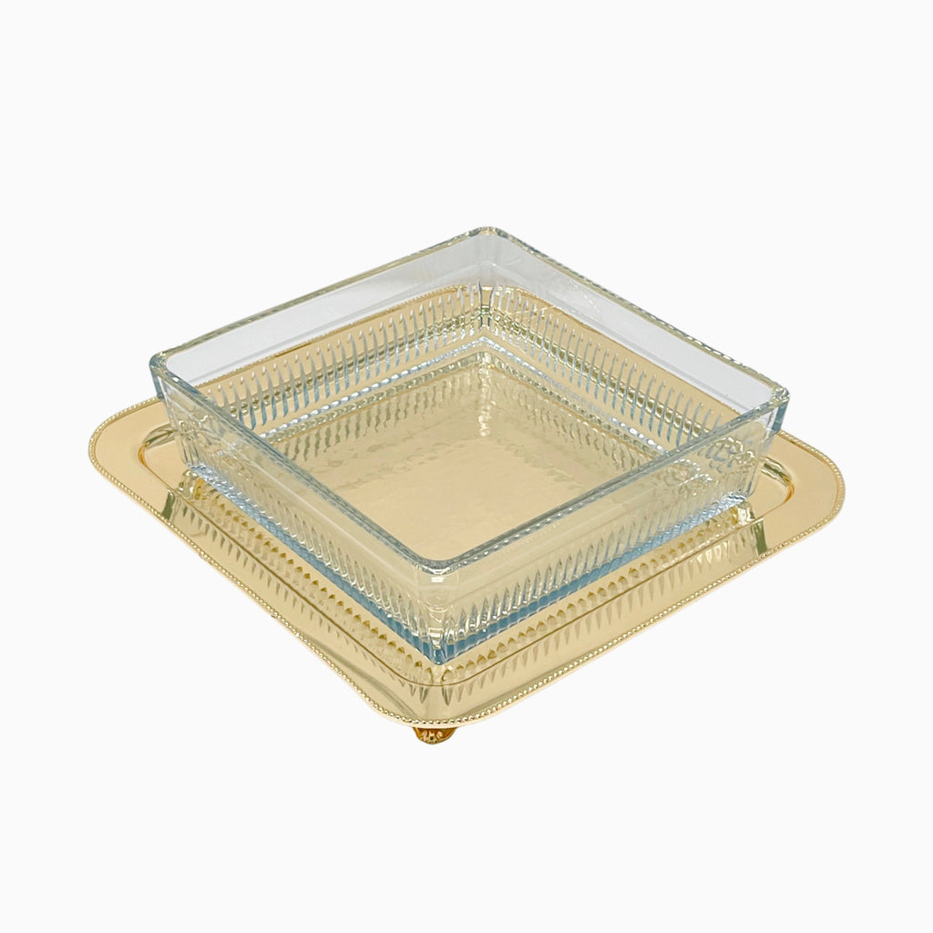 SQUARE SERVING DISH WITH GOLD TRAY - Noble Home Gifts 