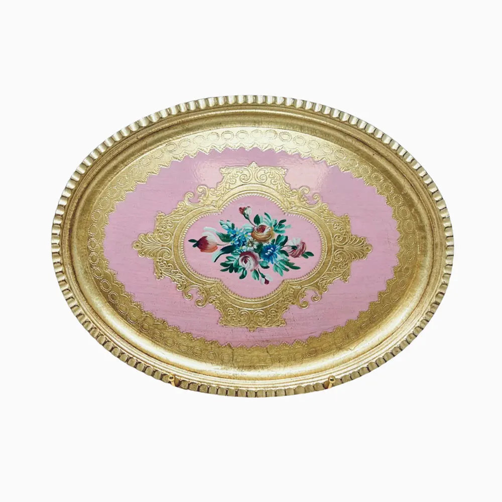 ITALIAN OVAL GOLD AND PINK HAND PAINTED TRAY. NOBLE HOME GIFTS