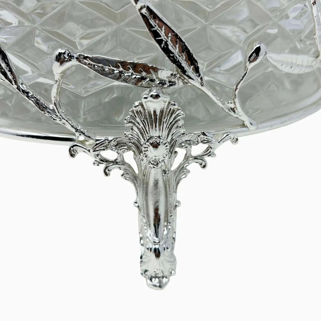 LARGE GLASS BOWL ON GOLDEN TONE STAND, OLIVE LEAF COLLECTION