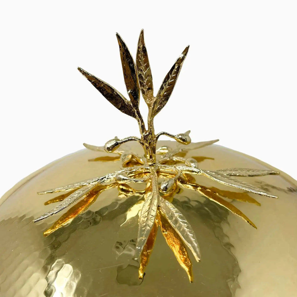 LARGE GLASS BOWL ON GOLDEN TONE STAND, OLIVE LEAF COLLECTION