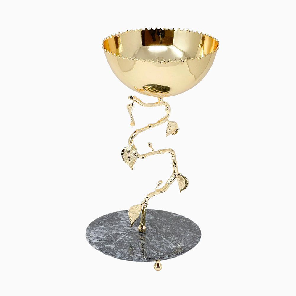 LARGE GOLDEN TONE SNACK BOWL WITH SPIRAL STAND, SPRING LEAF - Noble Home Gifts 