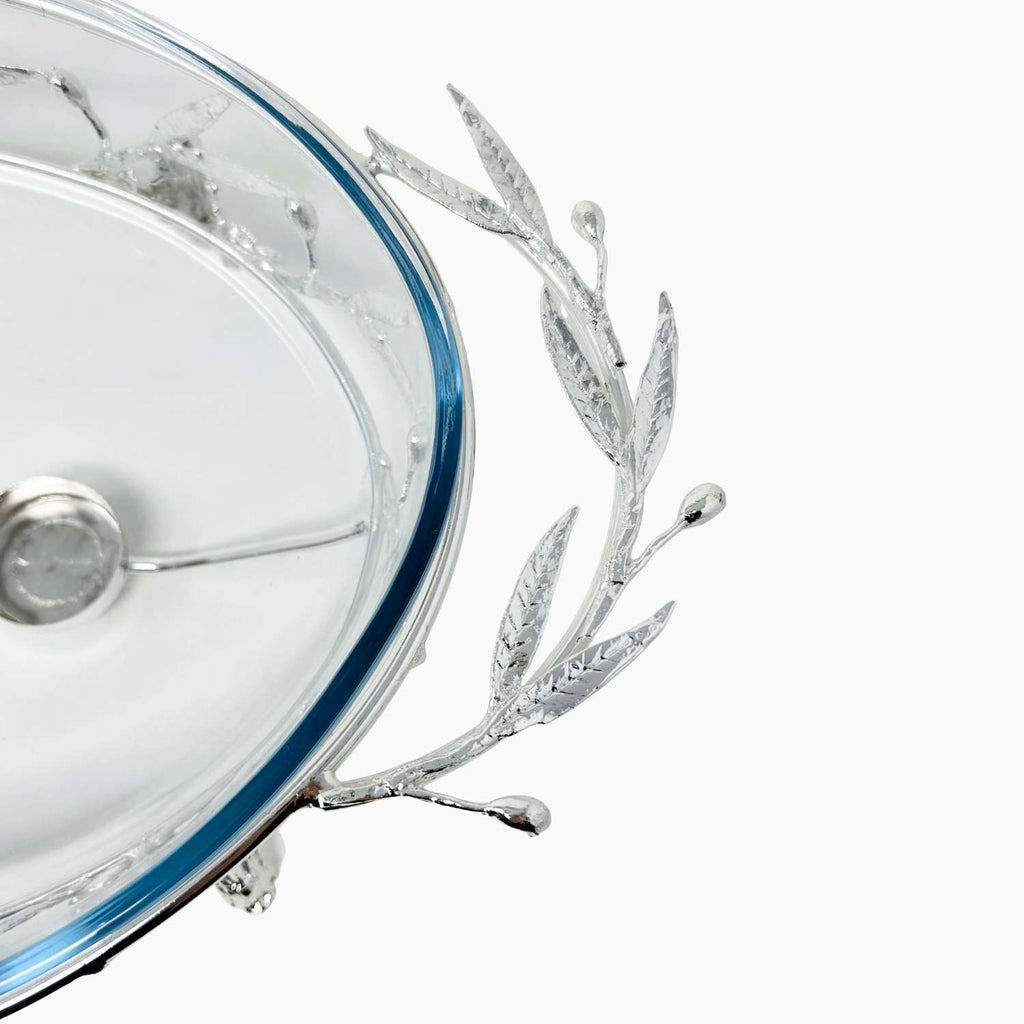 LARGE OVAL PYREX DISH ON STAND, OLIVE LEAF COLLECTION