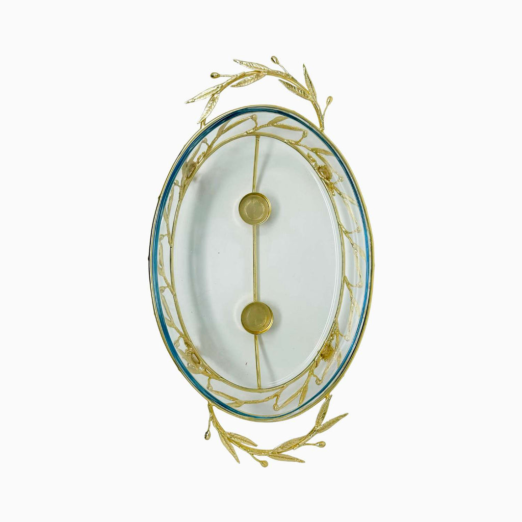 LARGE OVAL PYREX DISH ON STAND, OLIVE LEAF COLLECTION