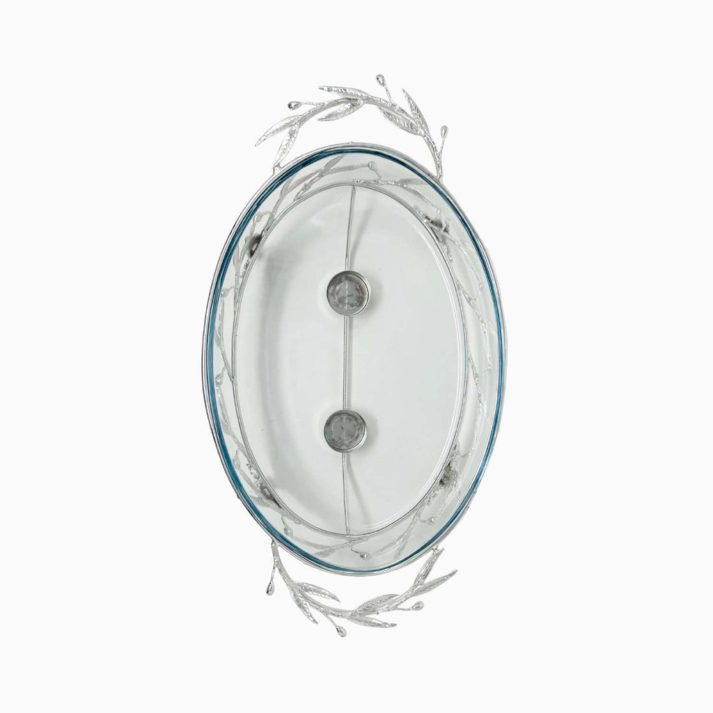 LARGE OVAL PYREX DISH ON STAND, OLIVE LEAF COLLECTION