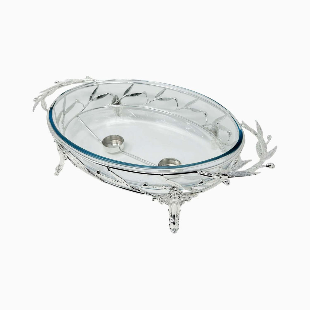LARGE OVAL PYREX DISH ON STAND, OLIVE LEAF COLLECTION