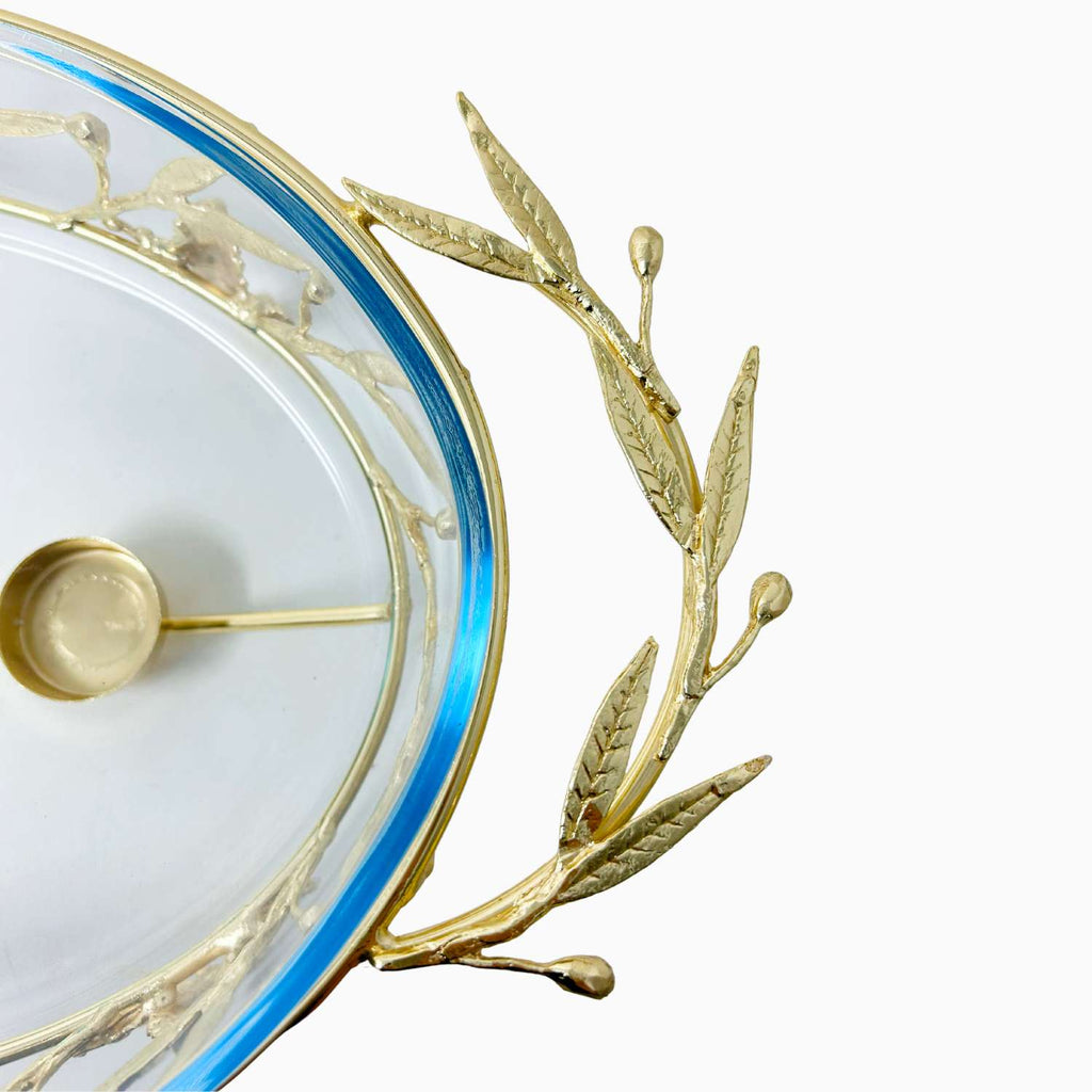 LARGE OVAL PYREX DISH ON STAND, OLIVE LEAF COLLECTION