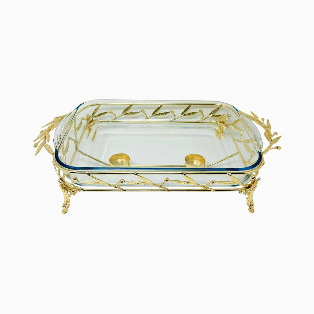 LARGE RECTANGULAR PYREX DISH STAND WITH WARMER, OLIVE LEAF COLLECTION