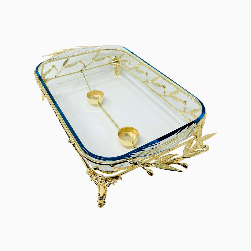 LARGE RECTANGULAR PYREX DISH STAND WITH WARMER, OLIVE LEAF COLLECTION