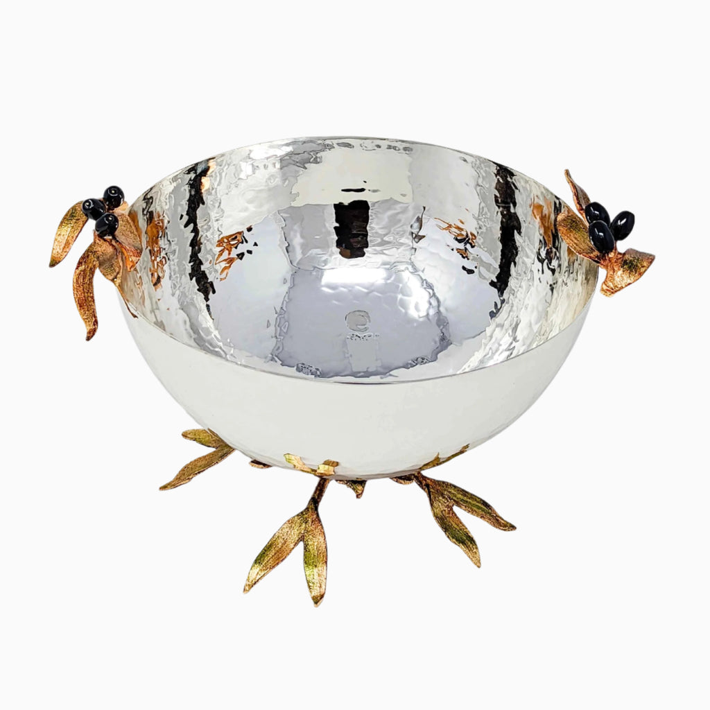 LARGE SILVER TONE SERVING BOWL ON OLIVE LEAF STAND