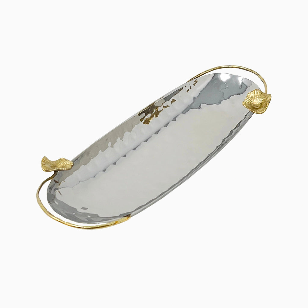 LONG OVAL SERVING DISH WITH GOLD MUSHROOM HANDLES