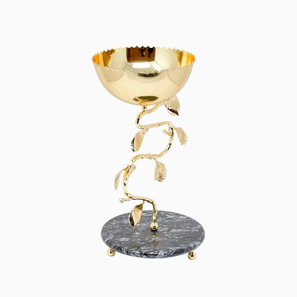 MEDIUM GOLDEN TONE SNACK BOWL WITH SPIRAL STAND, SPRING LEAF - Noble Home Gifts 