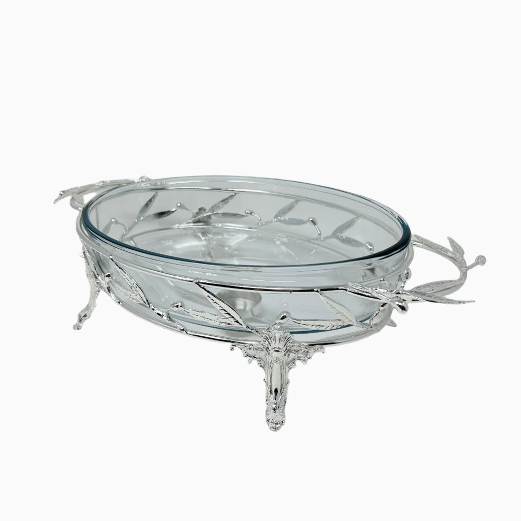 MEDIUM OVAL PYREX SERVING DISH ON STAND WITH WARMER