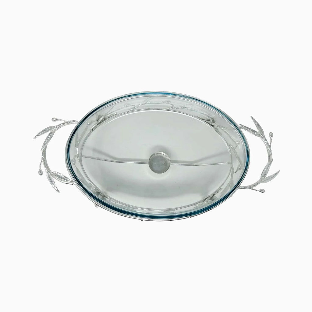 MEDIUM OVAL PYREX SERVING DISH ON STAND WITH WARMER, OLIVE LEAF COLLECTION