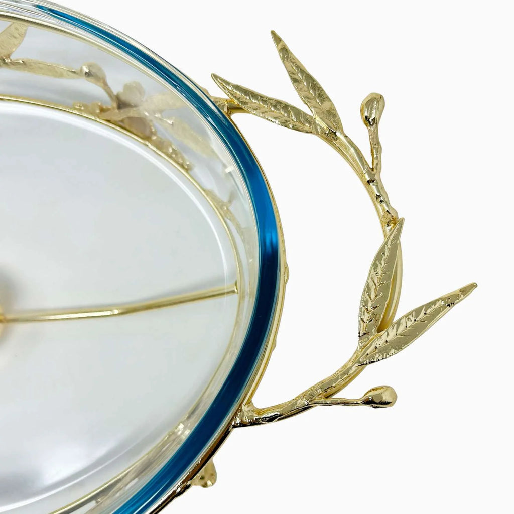 MEDIUM OVAL PYREX SERVING DISH ON STAND WITH WARMER, OLIVE LEAF COLLECTION