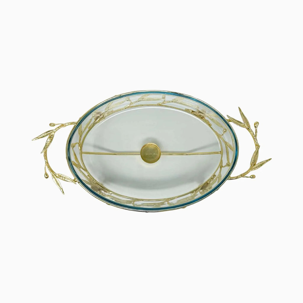 MEDIUM OVAL PYREX SERVING DISH ON STAND WITH WARMER, OLIVE LEAF COLLECTION