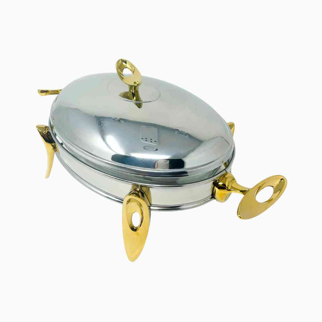 MEDIUM SILVER AND GOLD OVAL SERVING DISH WITH WARMER
