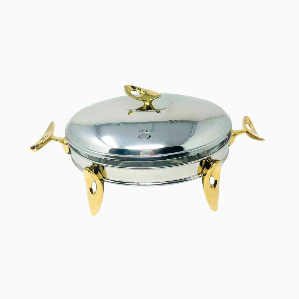 MEDIUM SILVER AND GOLD OVAL SERVING DISH WITH WARMER