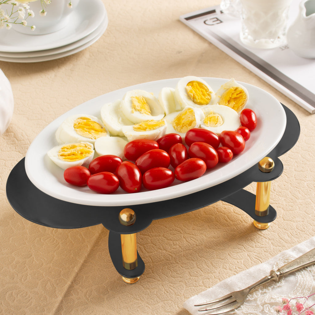 OVAL SERVING PLATE ON BLACK AND GOLD STAND