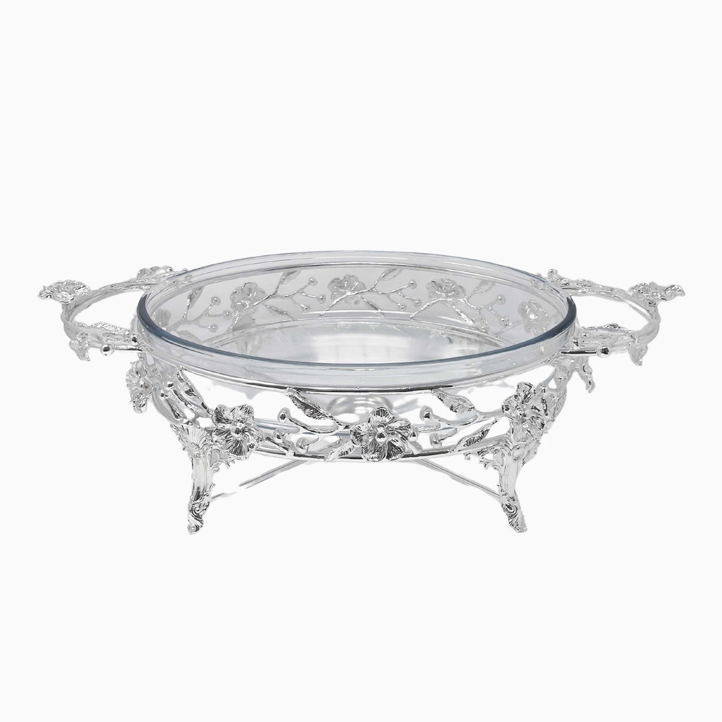 OVAL SILVER TONE PYREX SERVING DISH WITH WARMER. NOBLE HOME GIFTS