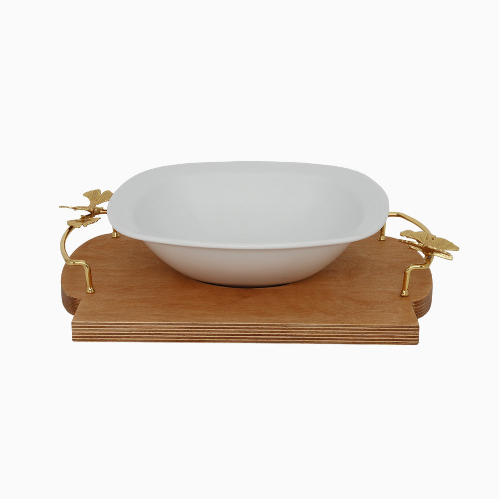 PORCELAIN SERVING BOWL ON WOODEN TRAY WITH BUTTERFLY HANDLES. NOBLE HOME GIFTS