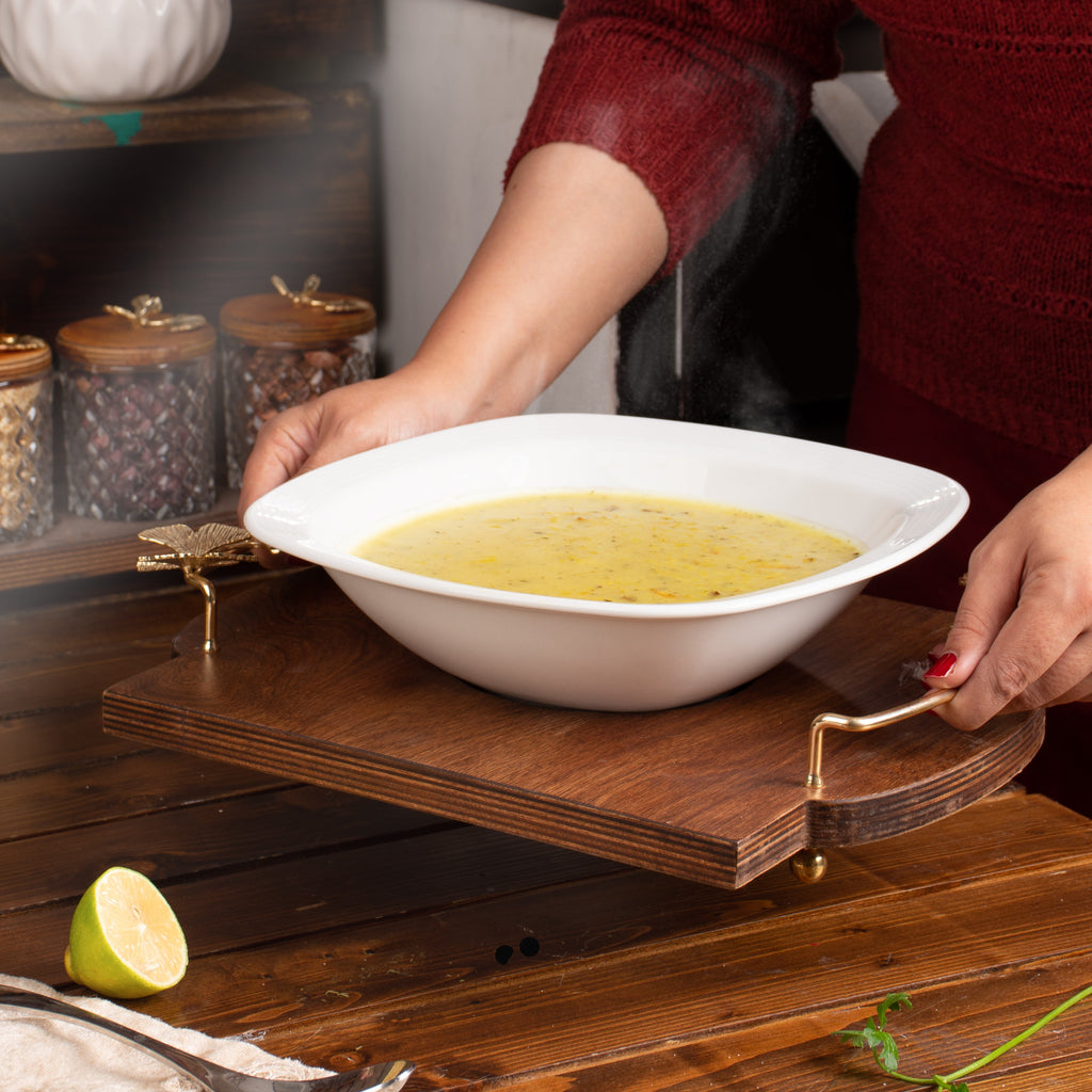 PORCELAIN SERVING BOWL ON WOODEN TRAY WITH BUTTERFLY HANDLES