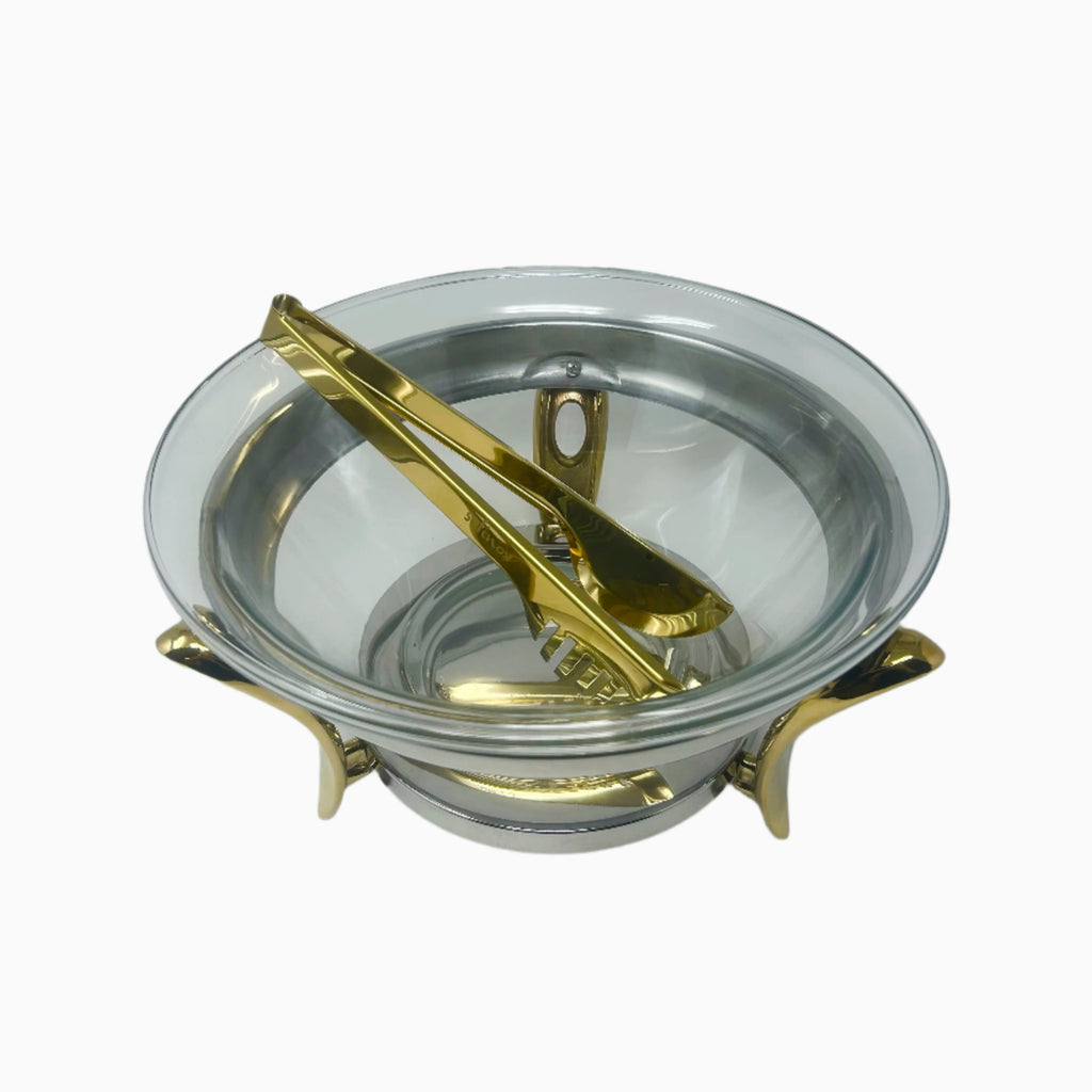 PYREX SALAD BOWL ON SILVER AND GOLD STAND WITH TONGS