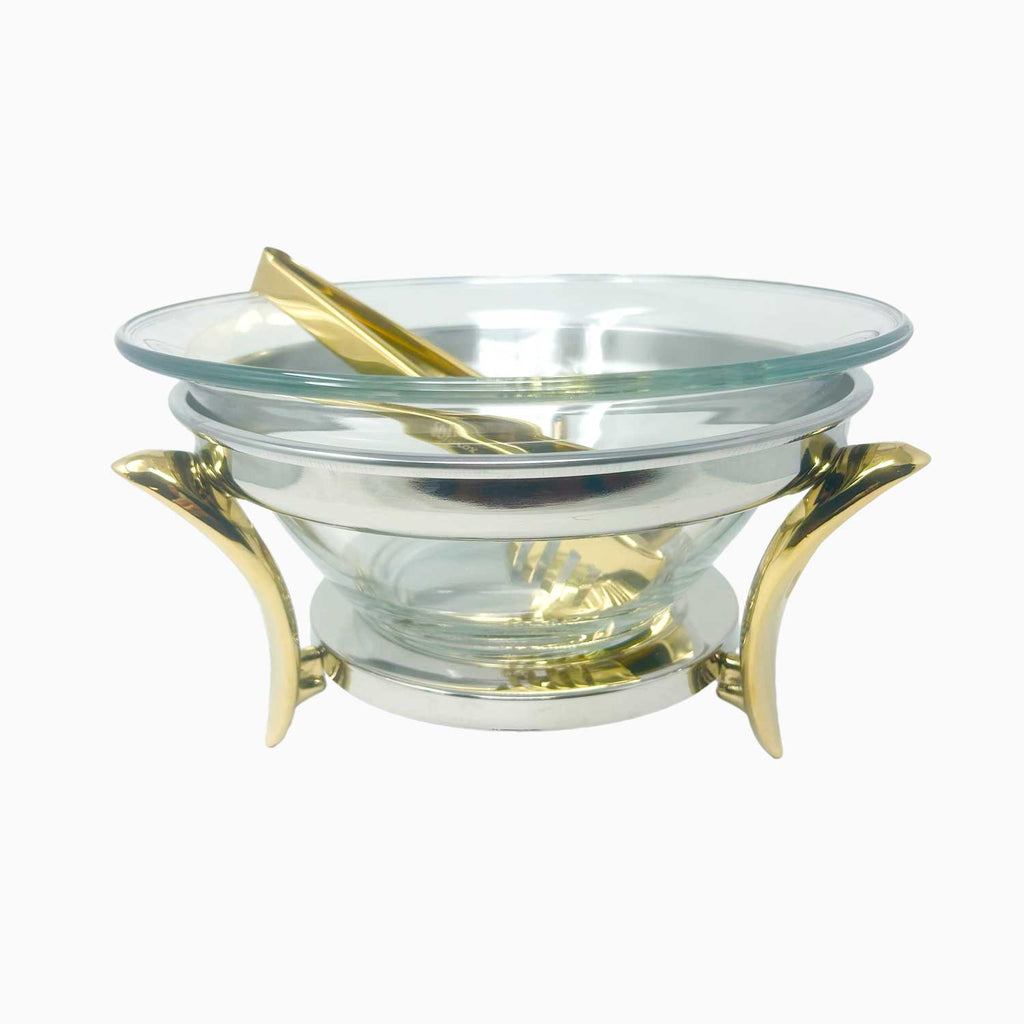 PYREX SALAD BOWL ON SILVER AND GOLD STAND WITH TONGS
