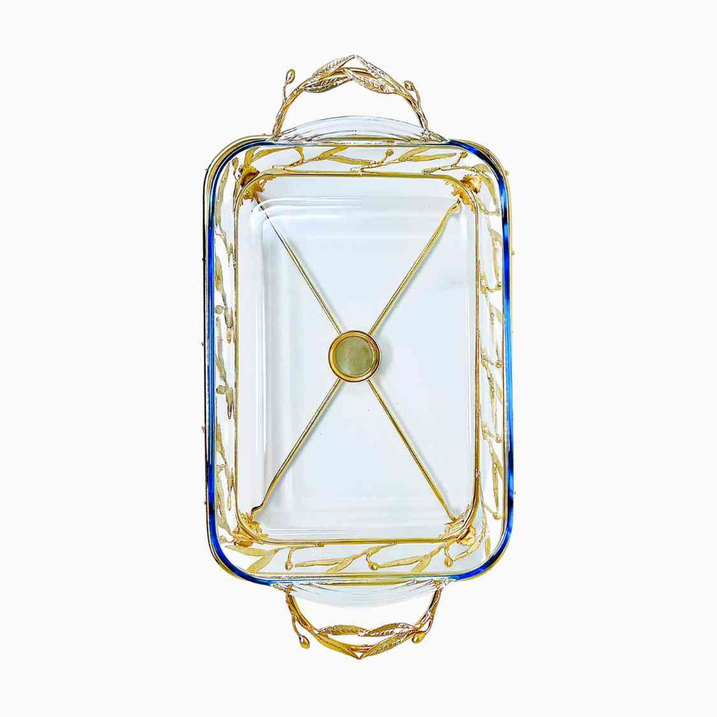 PYREX SERVING DISH ON GOLDEN TONE STAND WITH WARMER