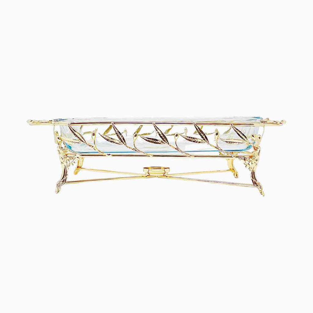 PYREX SERVING DISH ON GOLDEN TONE STAND WITH WARMER