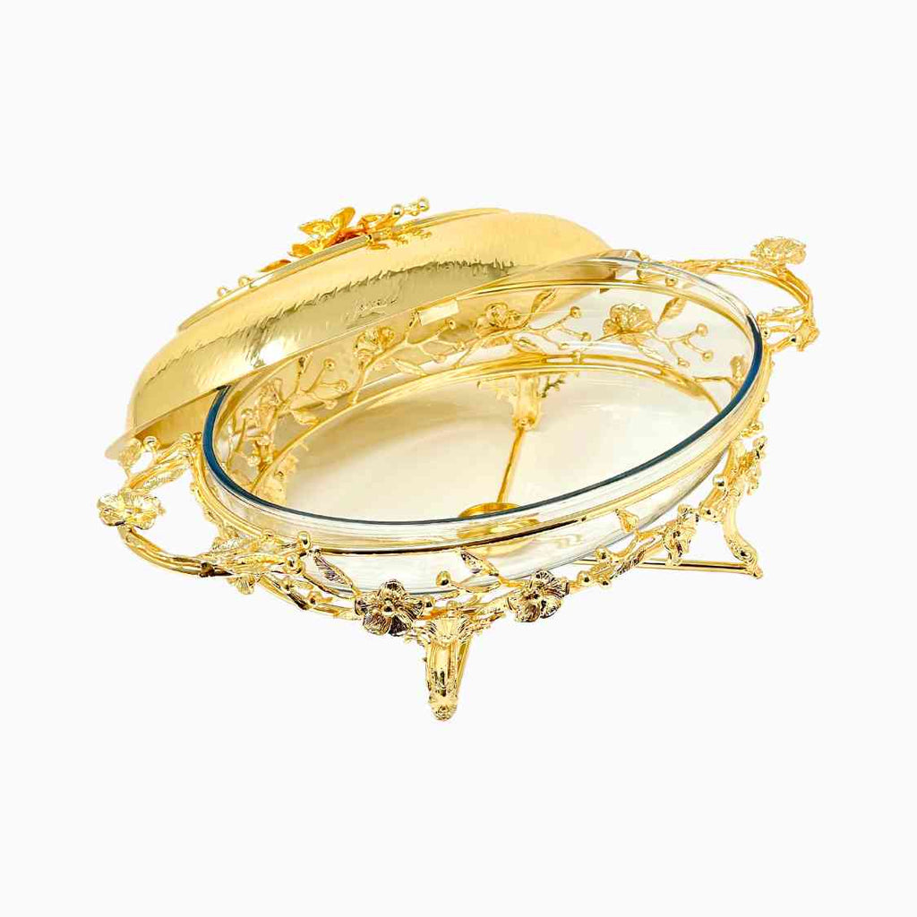 PYREX SERVING DISH ON GOLD/SILVER TONE STAND WITH WARMER