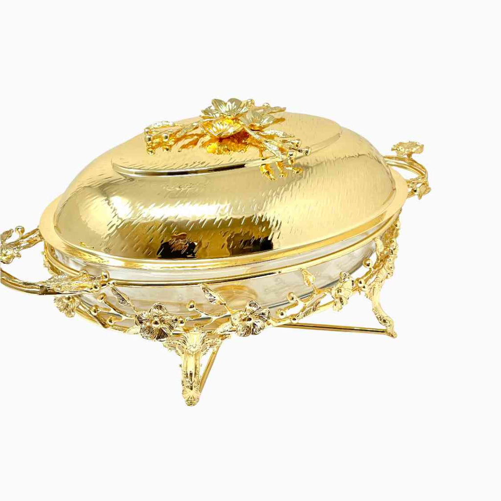 PYREX SERVING DISH ON GOLD/SILVER TONE STAND WITH WARMER
