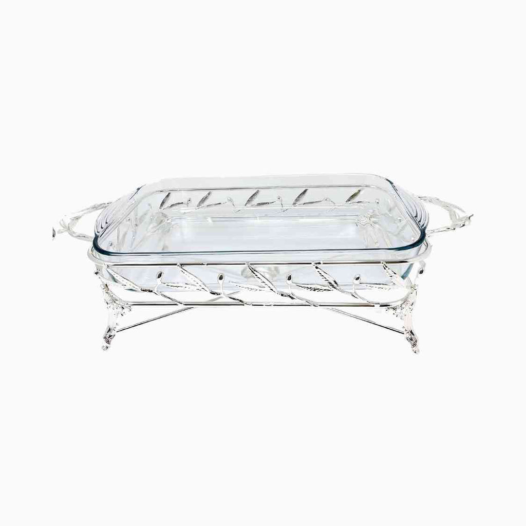 PYREX SERVING DISH ON SILVER TONE STAND WITH WARMER